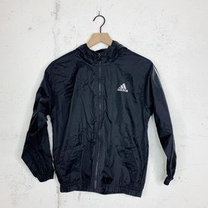 Adidas Vintage Black Tre Foil Spellout Logo Hooded Windbreaker Jacket Size M Boy